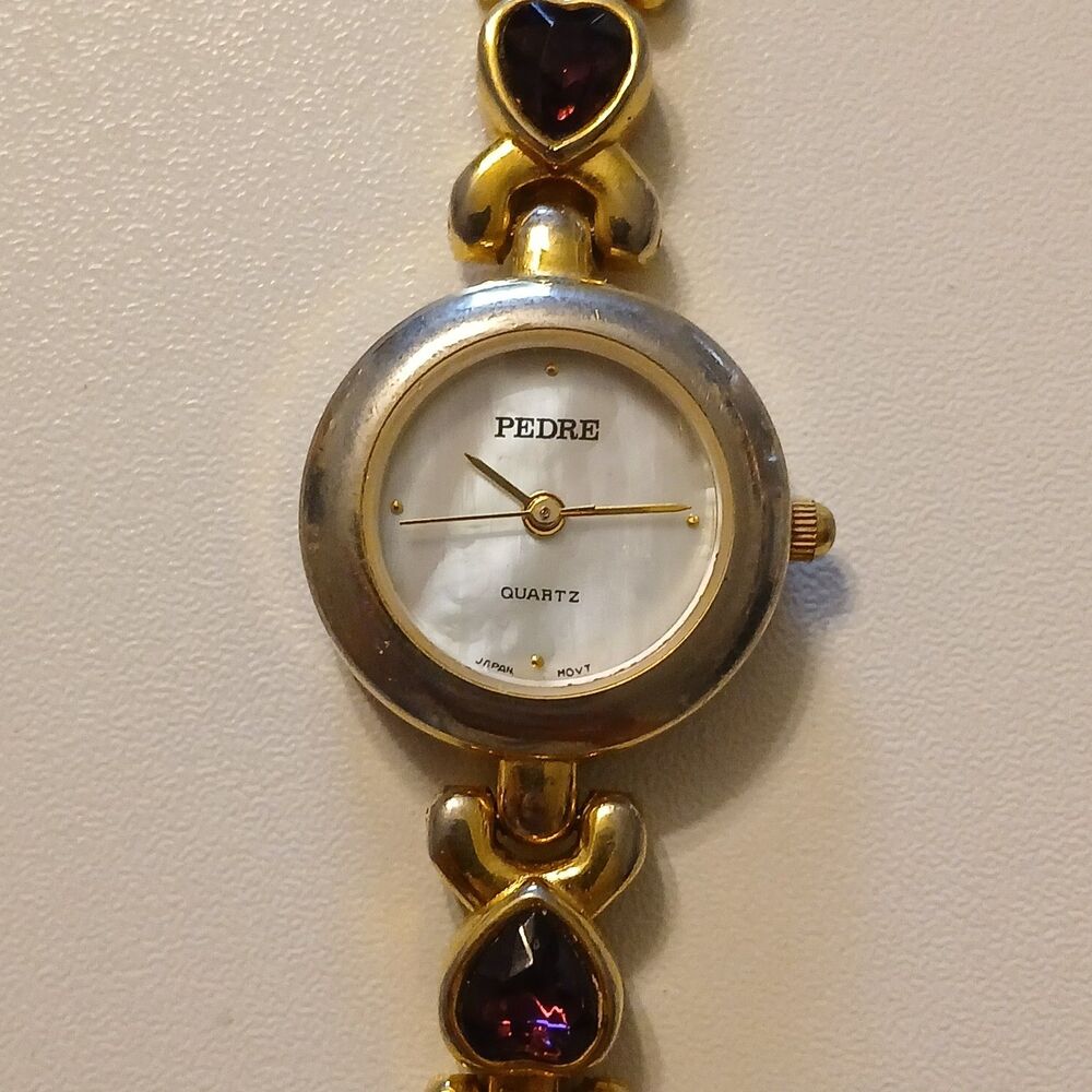 VTG 90s Pedre Women Watch Gold Tone Purple Heart Crystal Bracelet MOP Dial 22mm